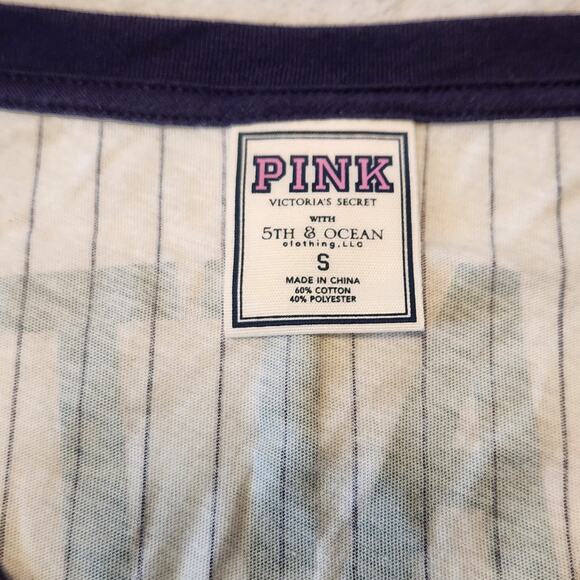 Seattle Mariners MLB Pinstripe Glittery V Neck Crop Top Jersey Shirt Women's S - Picture 3 of 5